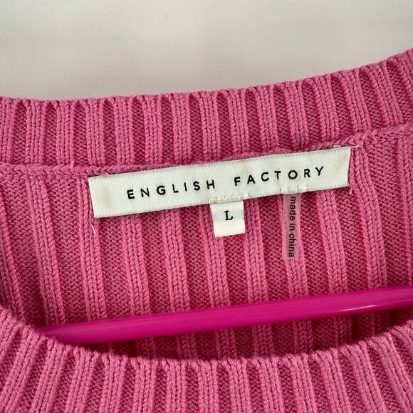 English Factory Sweater Women's Size Large Rib Ruffle Edge Pink Red Fuzzy Cuffs - Picture 3 of 10